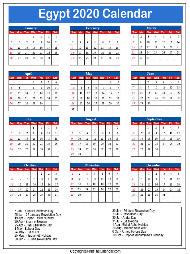 Egypt Printable Calendar 2020